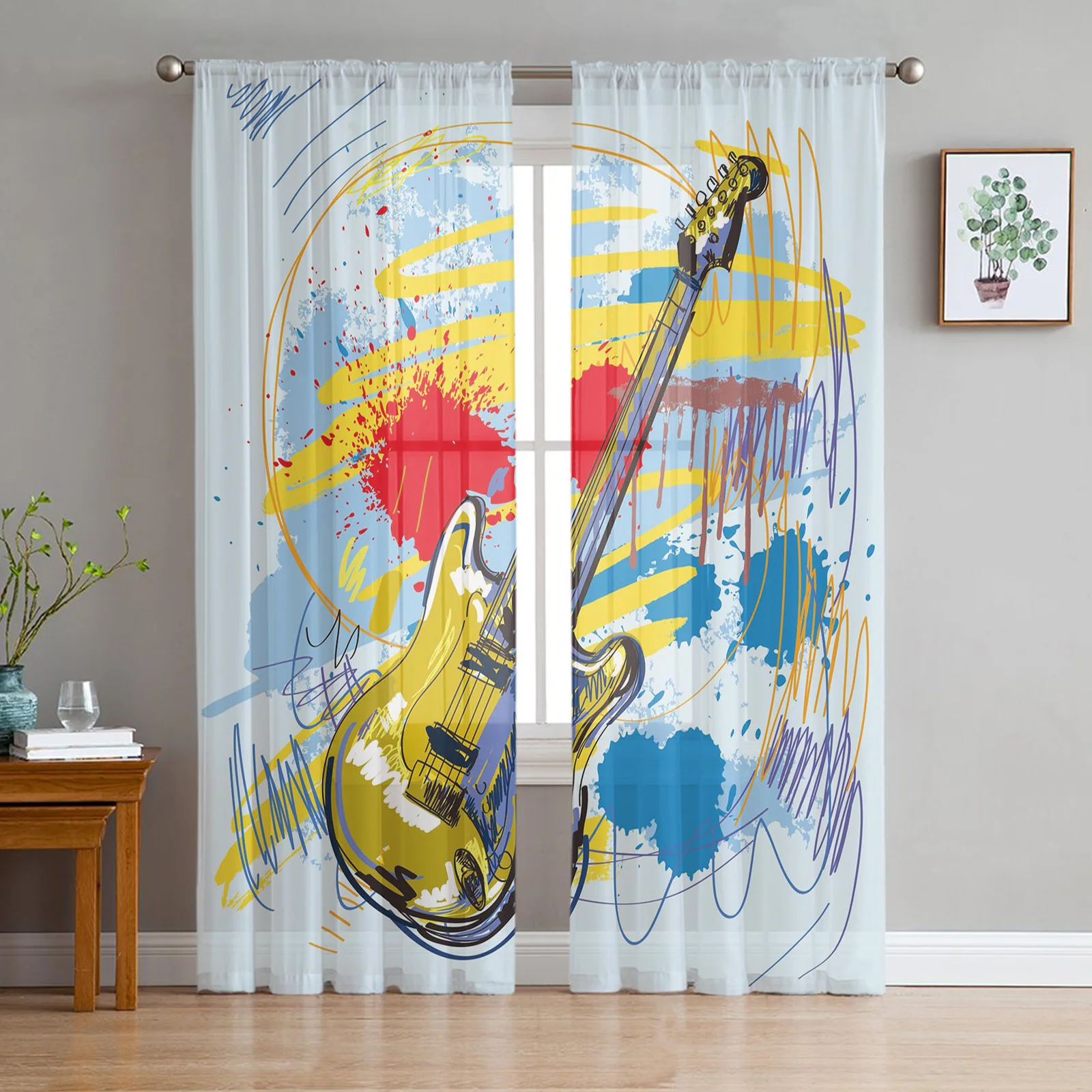 

Guitar Rock Music Color Bedroom Organza Voile Curtain Window Treatment Drapes Tulle Curtains for Living Room Sheer Curtains