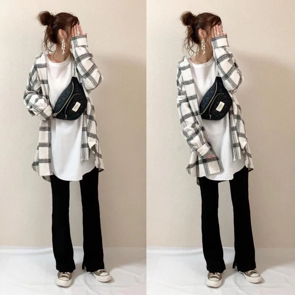 2022 autumn Japan and South Korea  new Plaid loose purse shirt thin coat Long Sleeve Shirt female