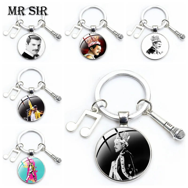 

Rock Band Freddie Mercury Keychain Popular Music Star Glass Cabochon Fashion Charm Microphone Metal Pendant Keyring Jewelry Gift