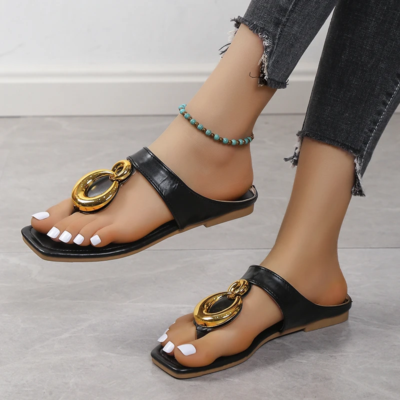 Women Shoes 2023 Fashion Slingbacks Women's Slippers Summer Square Toe New Solid Metal Decoration High Quality Slippers Woman