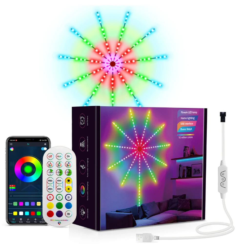 LED Strip Light 94/156 Heads Smart Firework Kit with Music Sound Remote Control Neon Lights for New Year's birthday party Decort