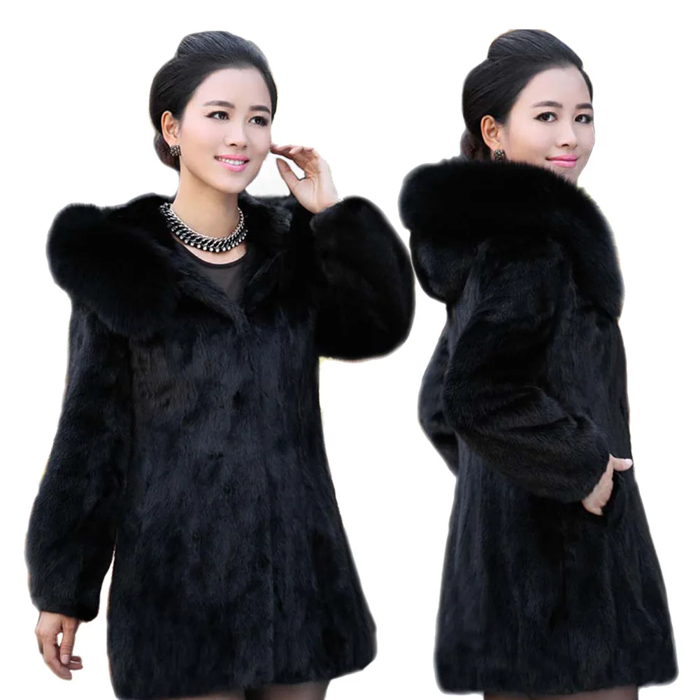 Women's Leather Fur Coat Faux Fur Coat Mink Fur Coat Hooded Fox Fur Collar Mid-Length Faux Fur Coat