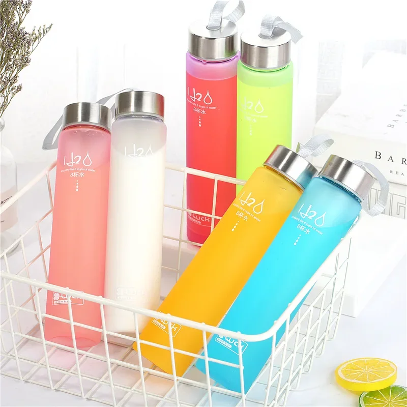 

Creative Candy Color Portable Leak-proof Water Bottles Frosted Sport Unbreakable Plastic Lemon Juice Storage Bottle Drinkware