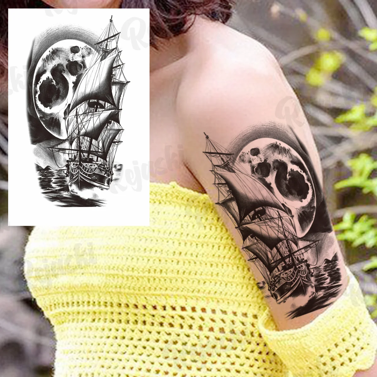 Большой Пиратский корабль временные татуировки для женщин реалистичные хна