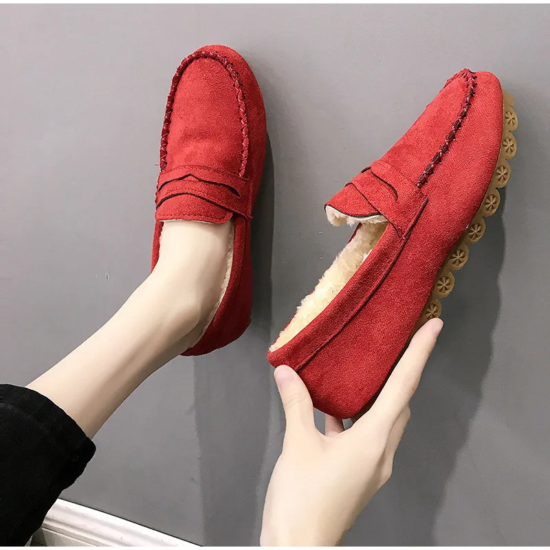 Winter Fashion Women Shoes Short Plush Flats Loafers Sewing Slip-On Casual Shoes Ladies Non-Slip Warm Comfortable Cotton Shoes