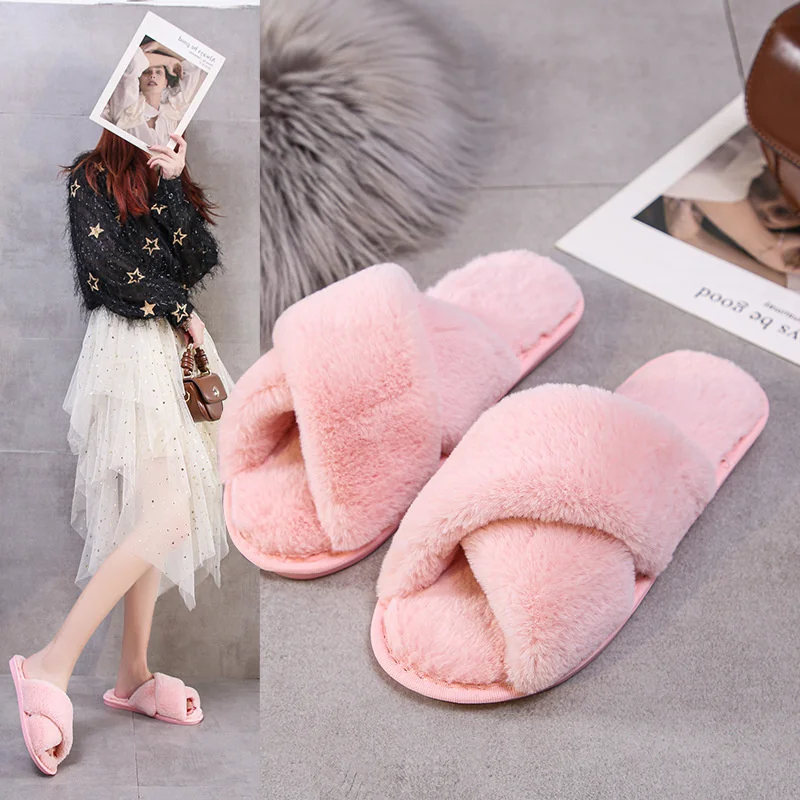 Winter Women House Slippers Plush Cross Faux Fur Slippers Indoor Warm Shoes Woman Slip On Flats Slides Home Furry Fuzzy Slippers