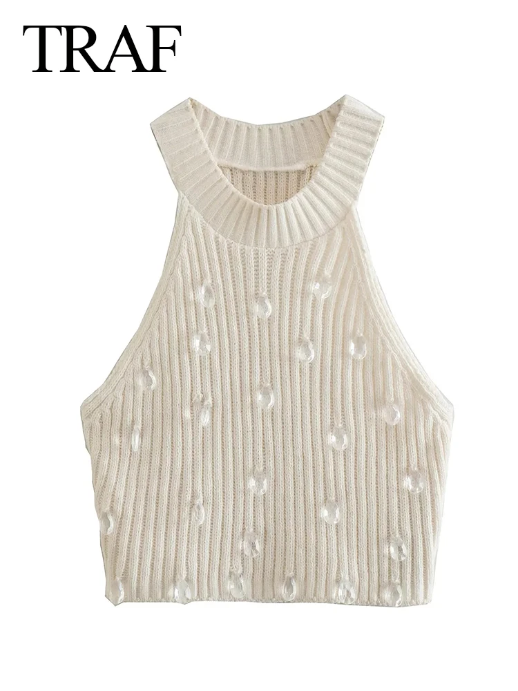 

Женский короткий вязаный свитер без рукавов, с аппликацией