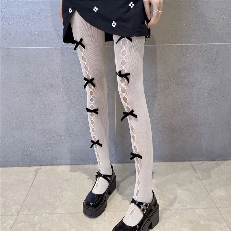 

Ажурные колготки с бантом, сексуальные тонкие летние и осенние кружевные колготки INS, черные и белые шелковые ажурные колготки для женщин