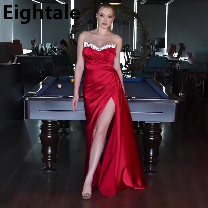 

Eightale 2023 Red Mermaid Evening Dress Beaded Sweetheart Prom Dress Women Sexy Slit Formal Party Gown Robes De Soirée