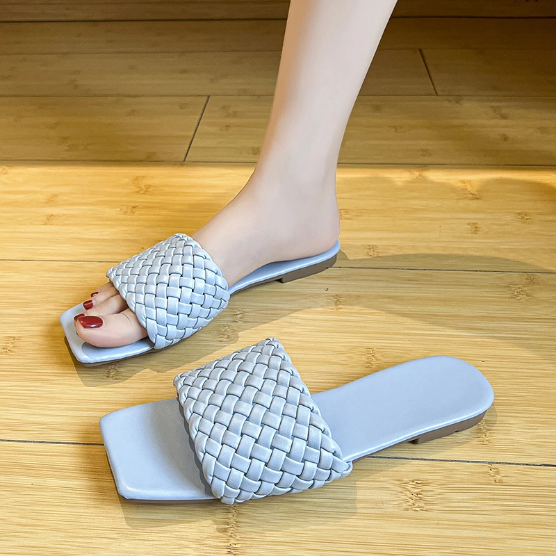 

Summer Shoes Women Slippers 2023 New Fashion Square Toe Flats Women's Sandals Outside Casual Beach Low Heeled Ladies Slippers