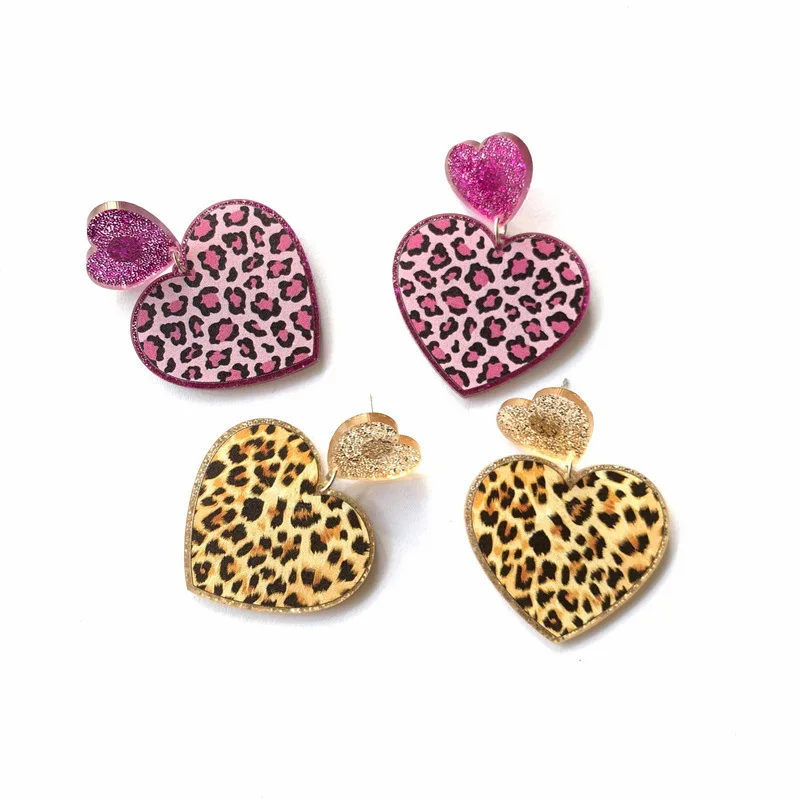 

2022 Pink Yellow Leopard Print Shiny Glitter Heart Women's Earrings Fashion Cute Acrylic Colorful Hearts Earring Valentines Day
