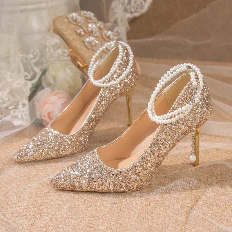 

Женские туфли-лодочки на высоком каблуке-шпильке, серебристые туфли с блестками и острым носком, Свадебная обувь для богини, новинка 2024
