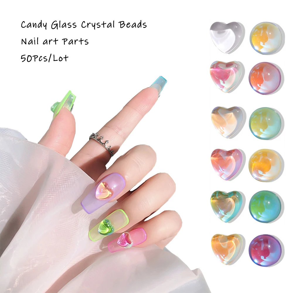 

50Pc Love Heart Round Glass Nail Art Jewelry 3D Candy Crystal Beads Nail Art Decoration Parts DIY Flatback Acrylic Stones Charms
