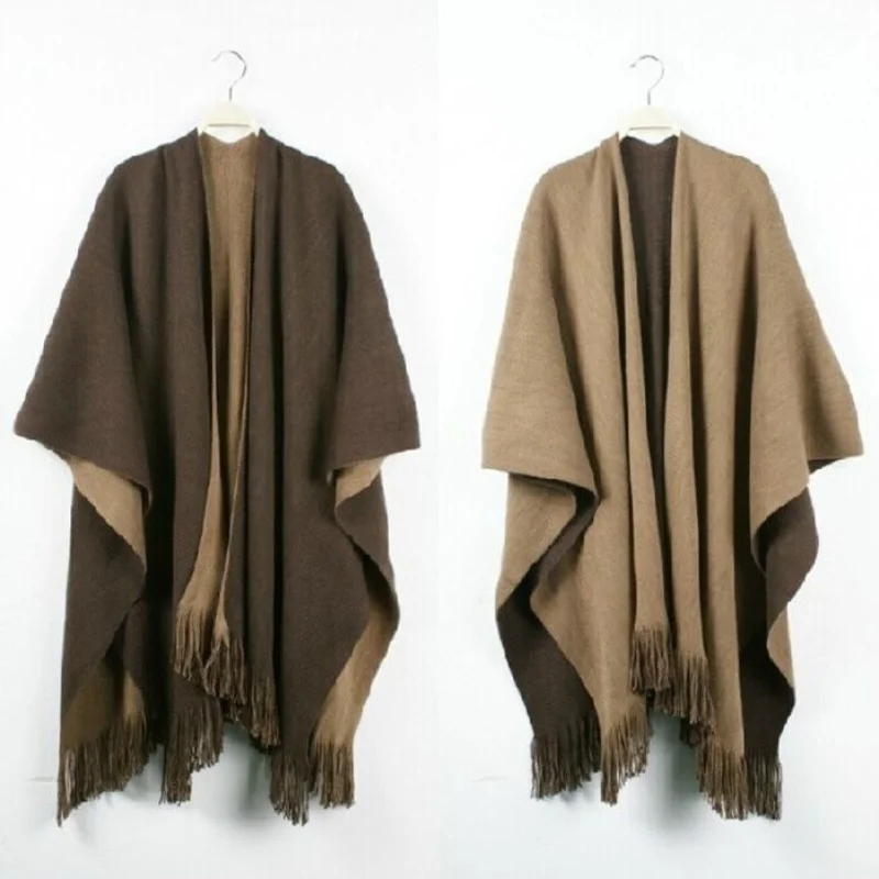 

Women's Fashionable Print Shawl Cape Poncho with Double-sided Fringe Knit and Split Hem Capes & Ponchos Feminino Capes Q352