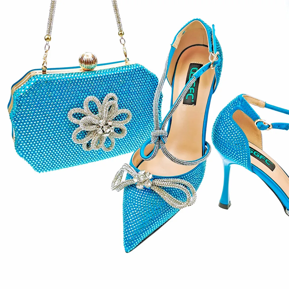 

Spring New Italian Design Embossed Smooth Leather Women Sky Blue Shoes And Bag Set For Party High Quality Lady Occasion Shoes
