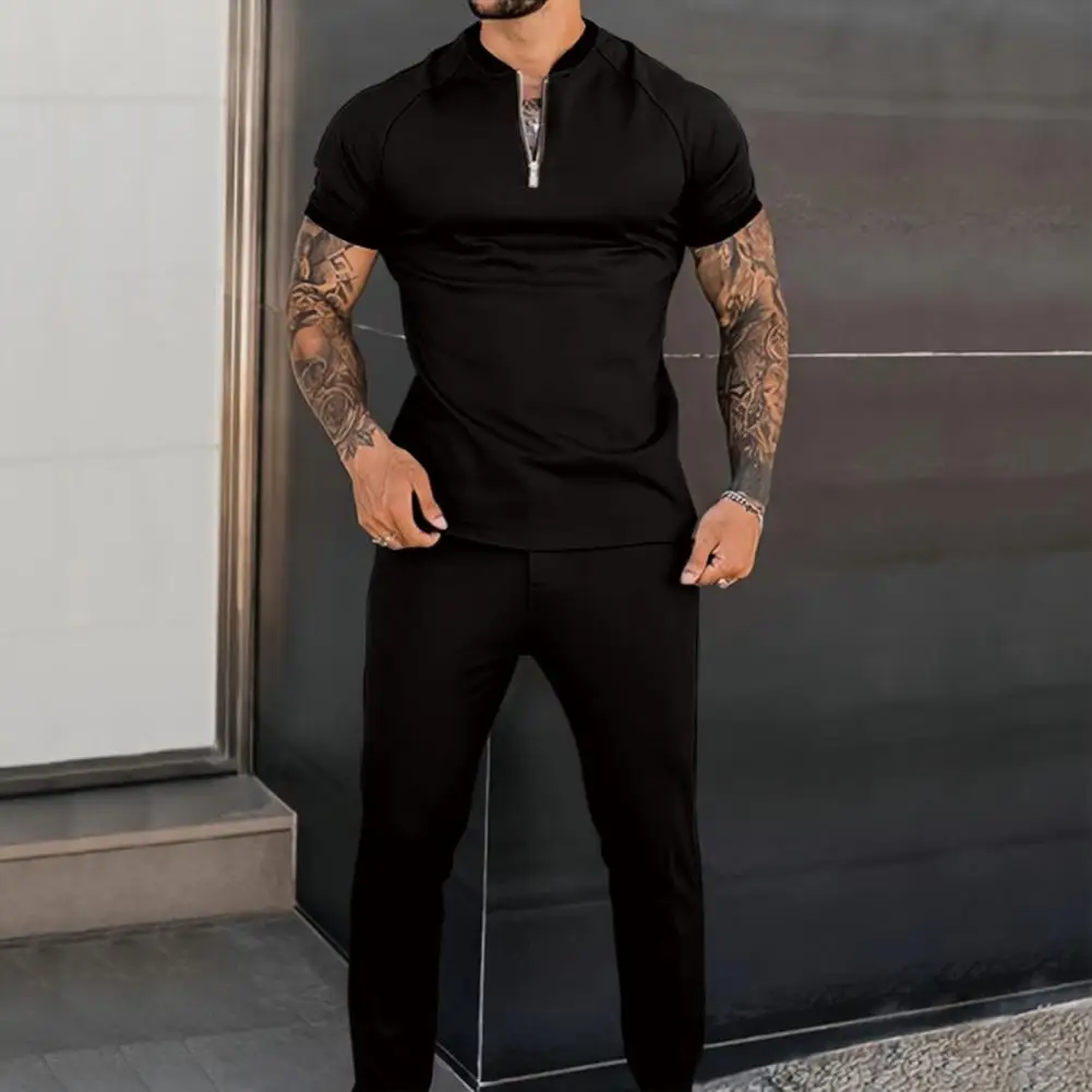 

1 Set Popular Slim-fitting Short Sleeve Outfit Men Top Trousers Male Mid Waist