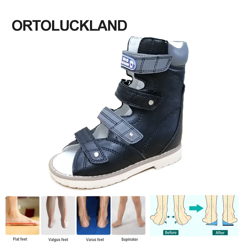 Ortoluckland Children Shoes Summer Kids Orthopedic Sandals Boys Girls High Heel Black School Footwear With Support 3 To 12Years