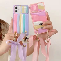 lanyard crossbody phone case for iphone 11 12 13 pro max push window embossed rainbow case for iphone 13 12 11 bow lanyard case
