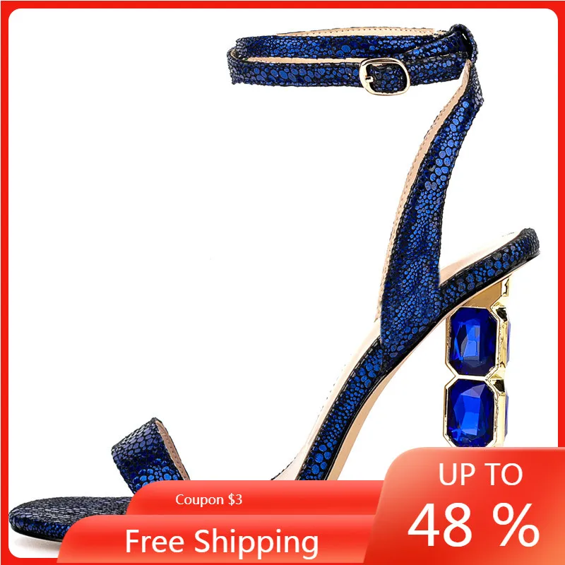 

Summer 2023 Sandals The New Foreign Trade Sequins Water Pattern Sandals Rhinestones Crystal Heel Belt Big Size35-45
