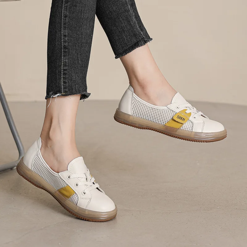 Women's Sandals Head Layer Cowhide Summer Patchwork Small White Shoes Women's 2023Shallow Casual Shoes Soft Single Shoes Luxury