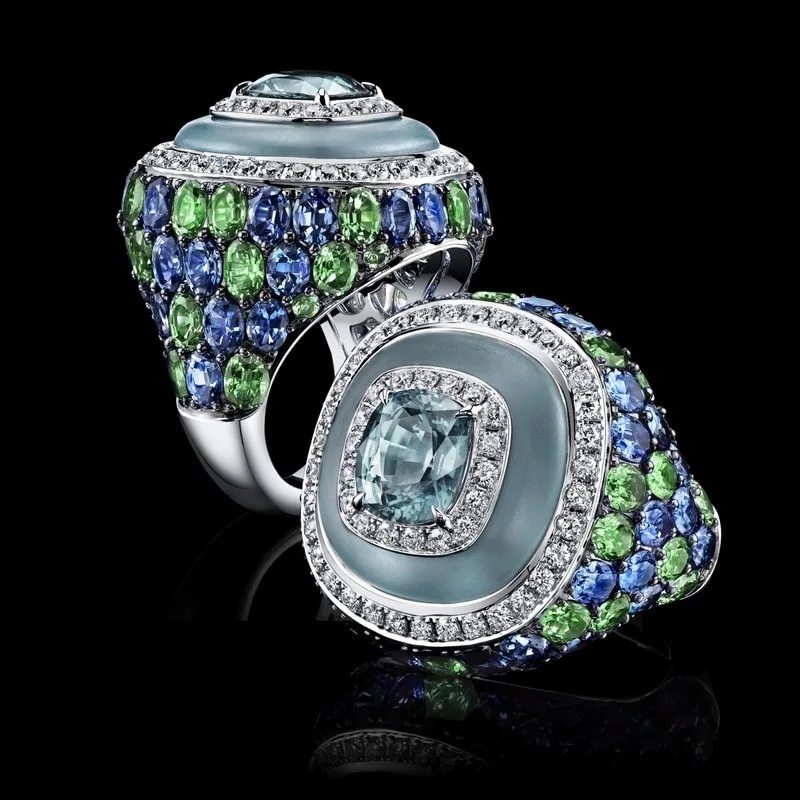 

New inlaid blue zircon ring popular in Europe and America for men women's rings