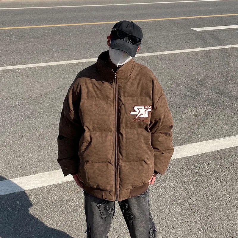 American-style Streetwear Men Parkas Washed Old Letter Embroidery Thickened Warm Down Jacket for Men and Women Couple Outfits