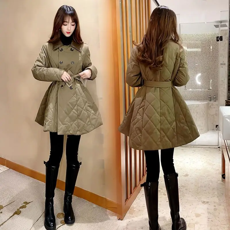 

Women Mid-long Parkas Long Sleeve Loose Button Coat Fashion Winter Jacket Cotton Padded Female Adjustable Waist 2023 New M39