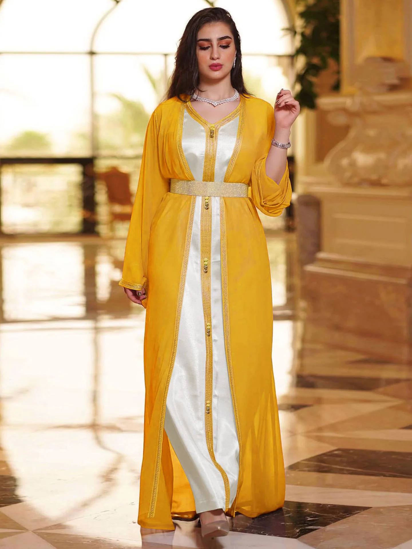 Diamonds Moroccan Takchita Kaftan Chiffon Overdress Satin Inner Dress Arabic Party Wear Wedding Ball Gown Muslim Ramadan Abaya