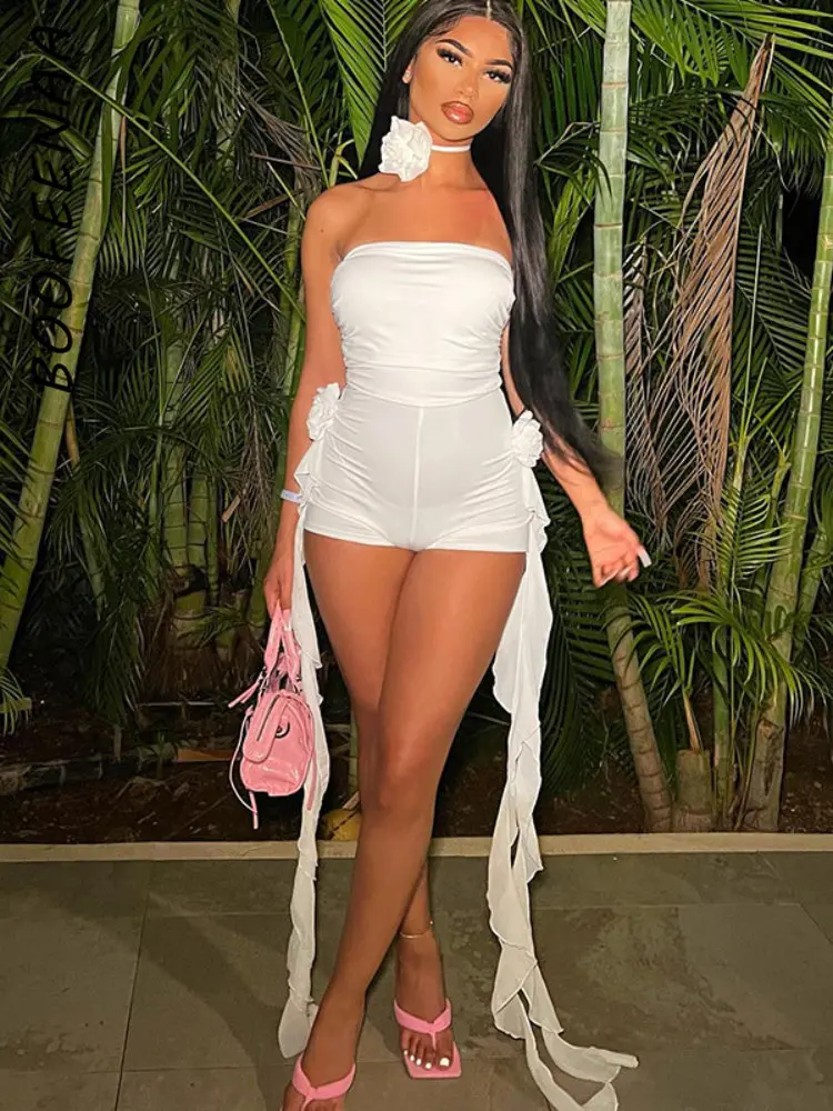 

BOOFEENAA 3d Floral Applique Ruffle Fringe Jumpsuit Women Short Romper Sexy Y2k Clothing One Pieces White Summer Outfits C15DB24