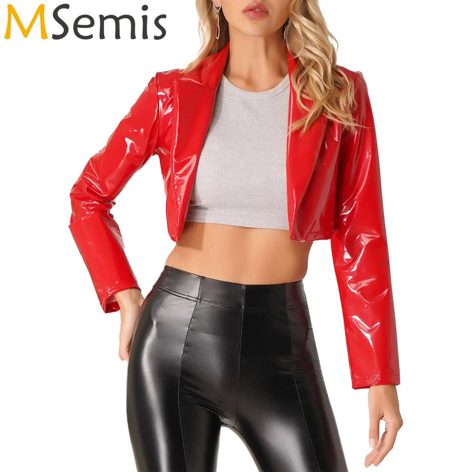 

Womens Fashion Lapel Patent Leather Jacket Motorcycle Costume Wet Look Long Sleeve Cropped Coat for Party Club Music Festival
