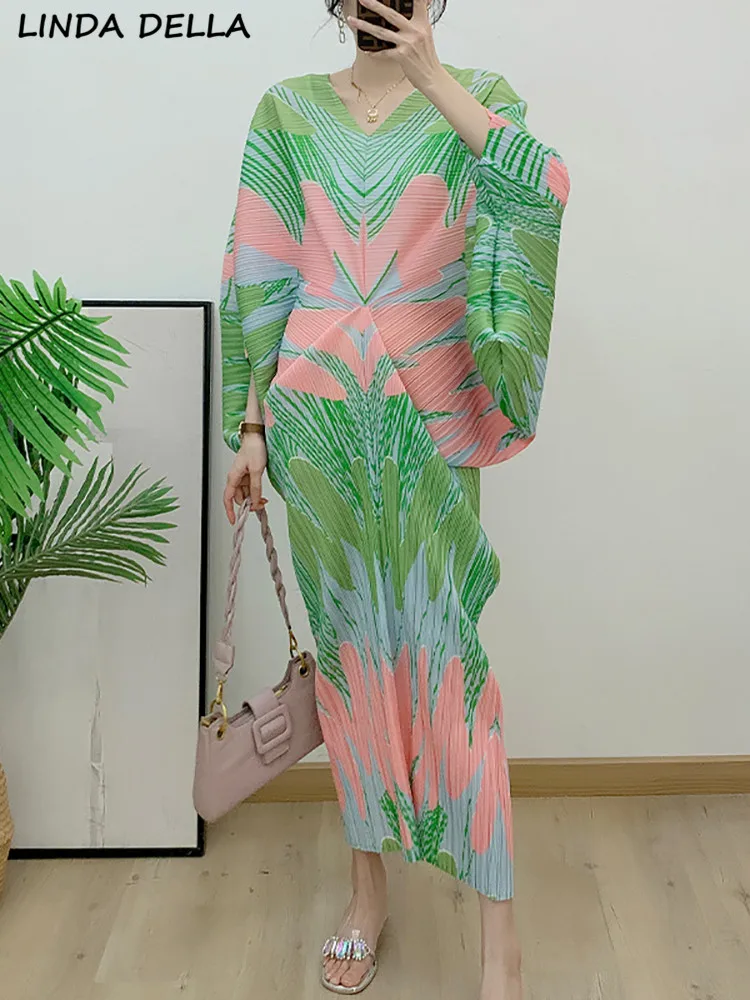 

Женское винтажное плиссированное платье LINDA DELLA, подиумное повседневное Свободное платье с рукавом летучая мышь и поясом, длинное платье с принтом на ягодицах, лето