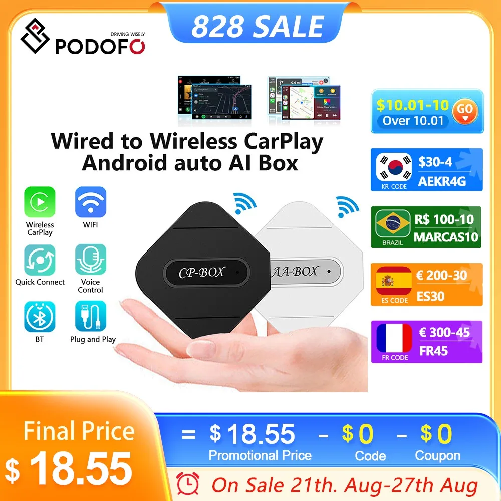 Podofo Carplay Dongle Wireless Carplay USB AI Box Android Auto AI Voice GPS Bluetooth Adapter WIFI For VW/Audi/Porsche/Nissan