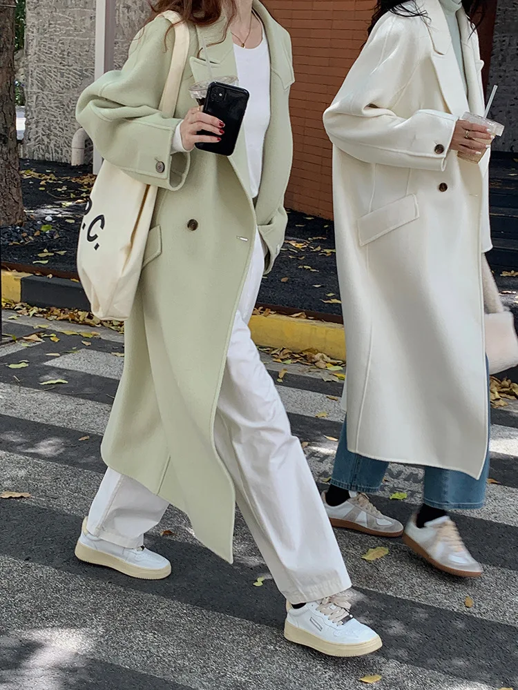 

Однотонные двубортные белые длинные пальто ручной работы из 100% шерсти женские осенне-зимние свободные шерстяные куртки 2022
