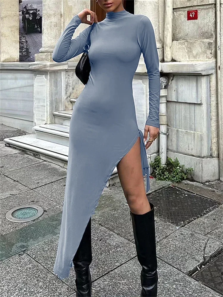 

Tossy Solid Autumn 2023 Fashion Midi Dress Female Split Bandage Slim High Street Sexy Hollow Out Dress Casual Patchwork Dress