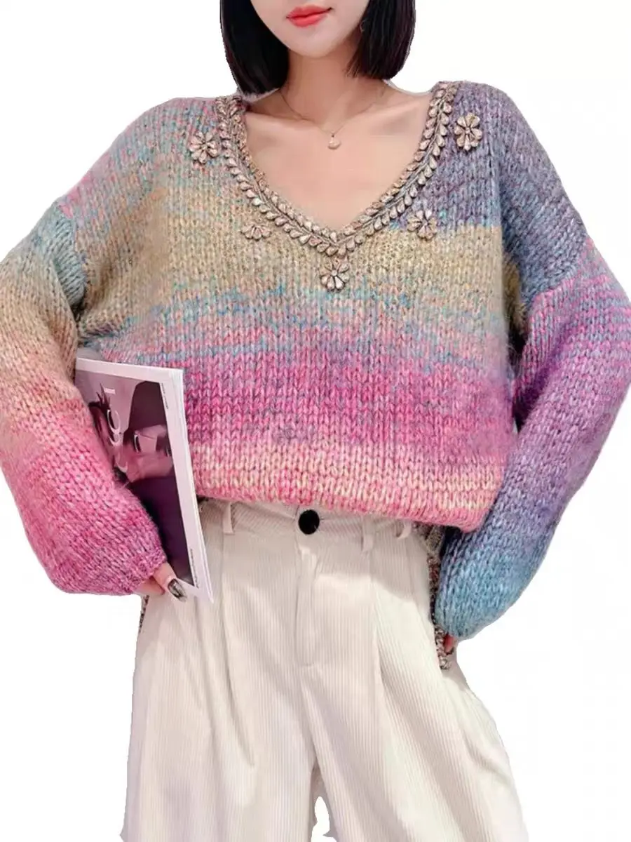 Женский короткий пуловер с градиентом свитер осеннее вязаное женское пальто