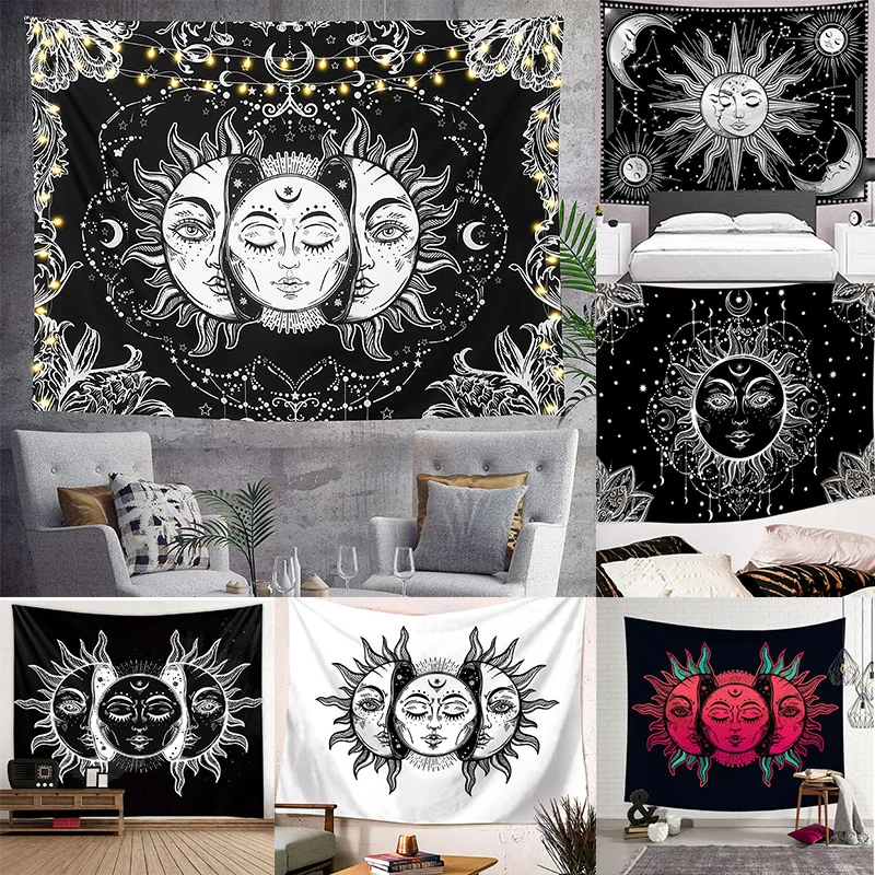 Mandala Tapestry Sun and Moon White Black Tapestry Wall Hanging Tarot Hippie Wall Rugs Dorm Aesthetic  Art Decor Blanket