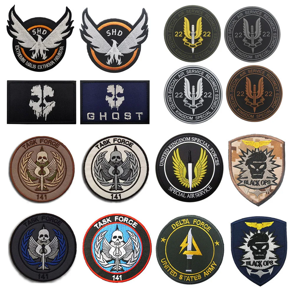 

Call of Duty Patches on Clothes Ghost Mask Embroidered SHD Black Ops Patch Morale Special Air Service Badge on Backpack Sticker
