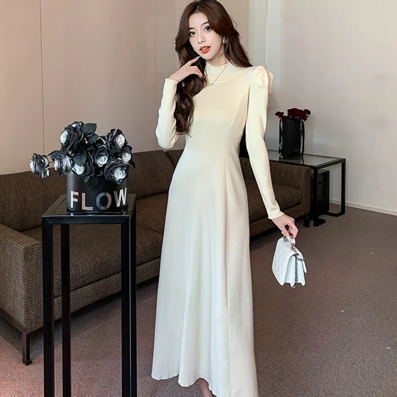 

2022 Sweater Knitted Dress Autumn And Winter New Design Sense Slim Bubble Sleeve Long Skirt Free Shipping
