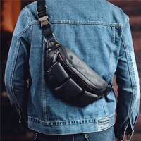 retro fashion men top first layer cowhide black multi pocket diagonal bag daily outdoor summer sports real leather chest bag for