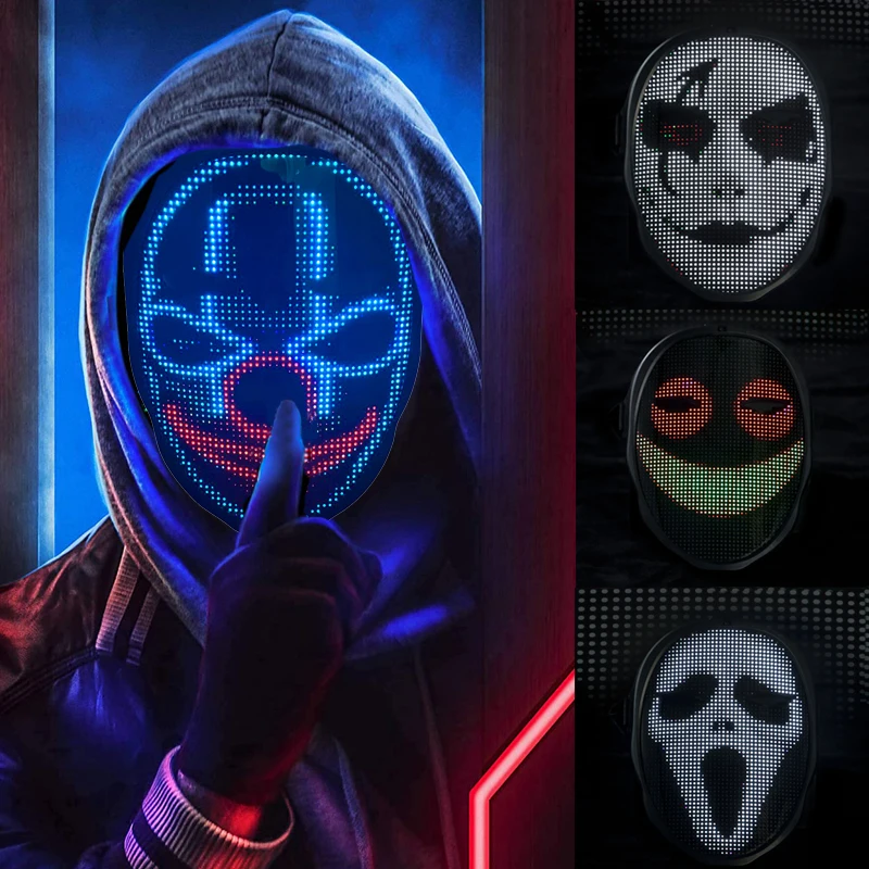 

Светящаяся маска для Хэллоуина с управлением через приложение RGB Bluetooth светящаяся Маска Сделай Сам Персонализированная маска с 115 узорами д...