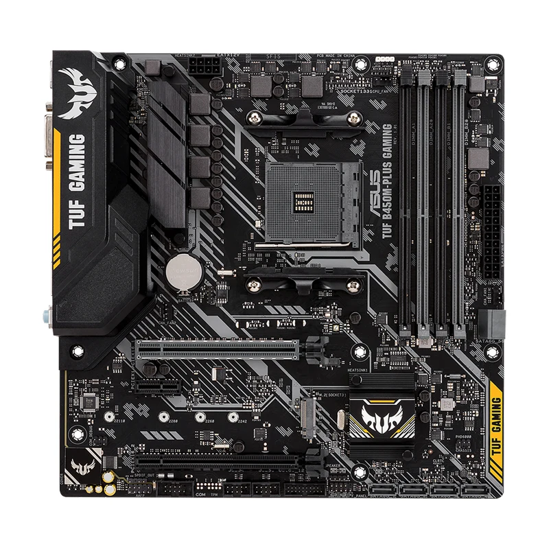 

ASUS TUF B450M-PLUS GAMING AMD B450 mATX gaming motherboard with Aura Sync RGB LED lighting, DDR4 3466MHz support, 32Gbps M.2
