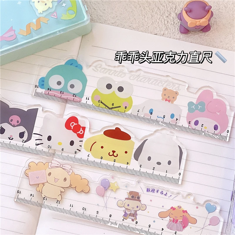 

Кавайная кукла My Melody Cinnamoroll Kuromi, 15 см, прозрачная измерительная линейка для студентов, аниме Sanrioed Girl Heart, Обучающие инструменты