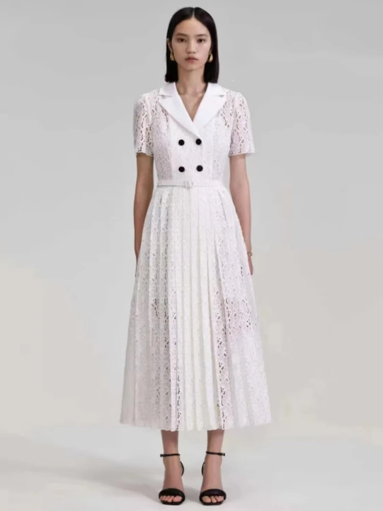 Designer High Quality Summer New Women'S Slim Luxury Chic Casual Party Fashion Elegant Hollow Out Button White Lace Midi Dress