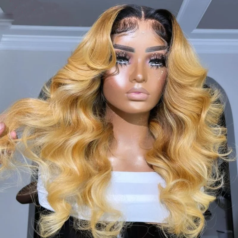 1B27Long Body Wave Human Hair Wig Pre Plucked Ombre Blonde 13x4 Lace Front Wig For Women Baby Hair Glueless Pre Plucked Wig
