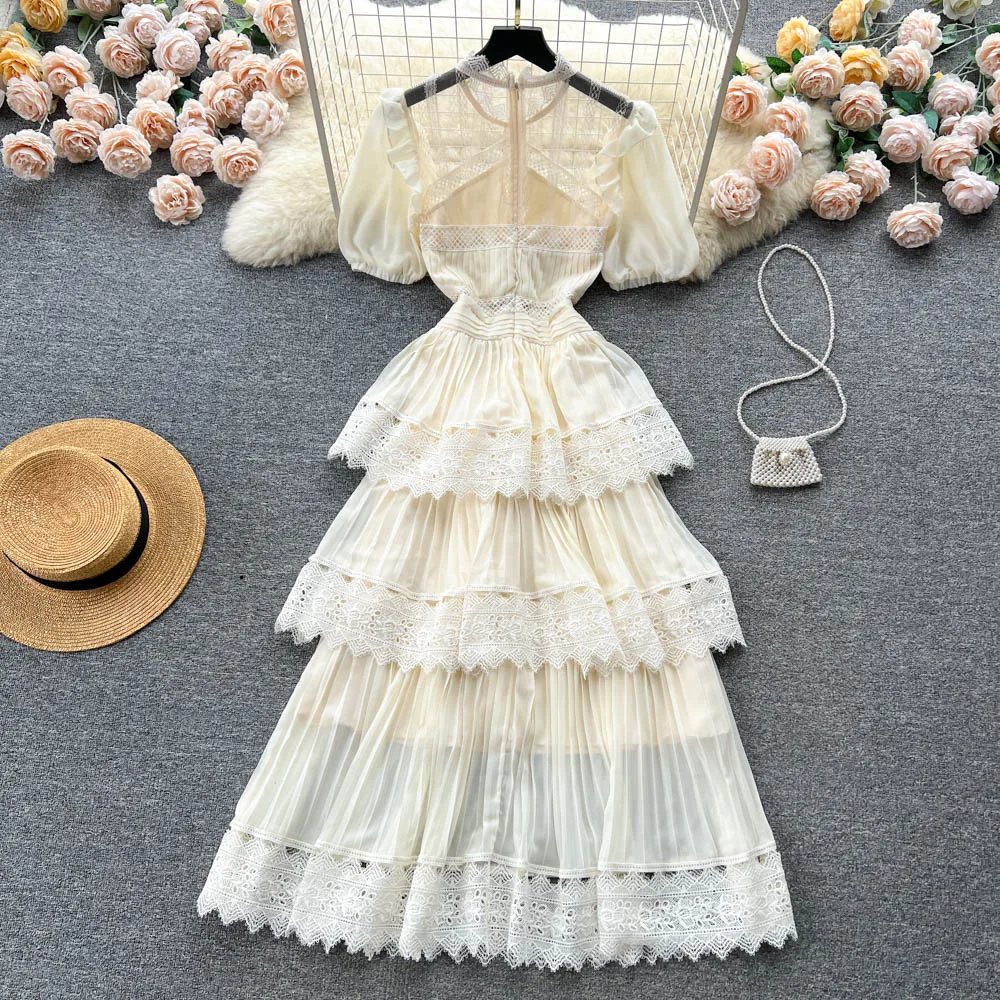 Fashion Runway Elegant For Woman Puff Short Sleeve O-Neck Party Dresses Female Lace Long Dresses 2023 Summer New