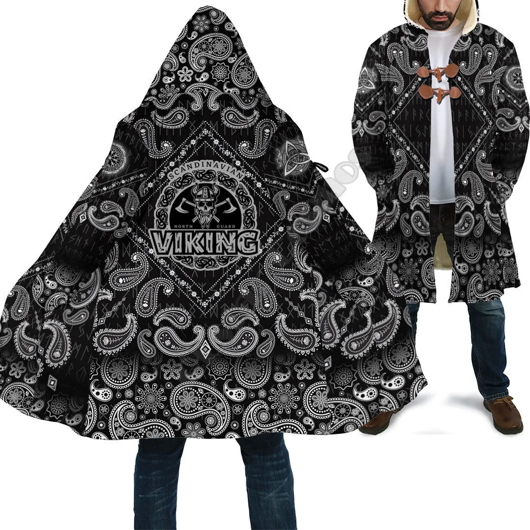 Viking Cloak Scandinavian North Guardian with Bandana Paisley Winter Hooded Cloaks Fleece Wind Breaker Unisex Warm Overcoat