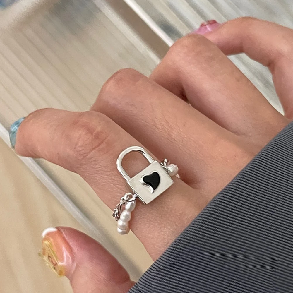 

Vintage Heart Lock Ring Set Pearl Lock Gift For Women Lover Punk Rings Finger Jewelry Personality Party Valentine's Day Gift