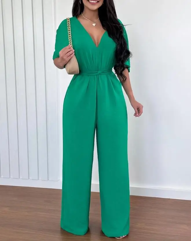 

Daily Ordinary Women's Jumpsuit 2023 New Solid Color Bat Sleeve V-neck Short Sleeve Backless Lace Up Detail Jumpsuit