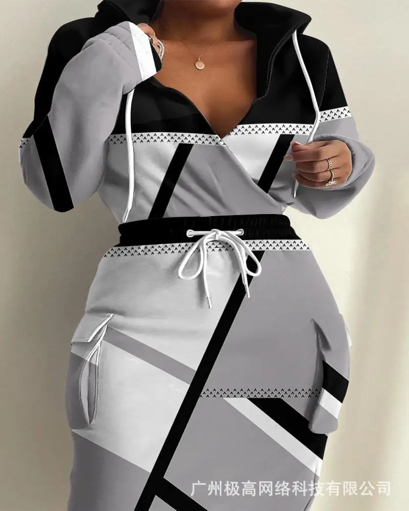 

Geometric Print Drawstring Waist Sweatshirt Dress Women Spring Summer Long Sleeve High Waist Mini Dress Sexy