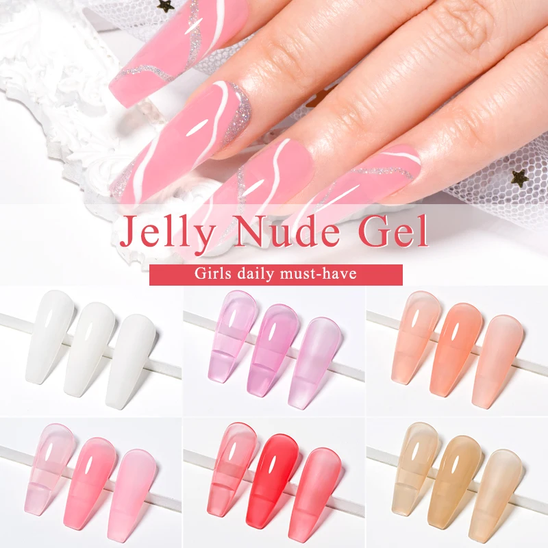 

MEET ACROSS 7ml Jelly Nude Gel Nail Polish Translucent Pink Semi Permanent Varnish Soak Off UV LED Nail Art Manicure Top Coat